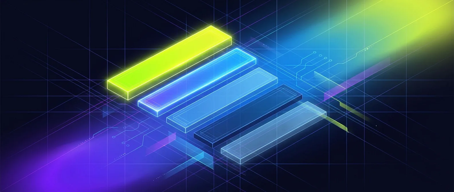 A vertical stack of five horizontal severity-tier bars rendered with Swiss tabular precision, descending in opacity from a hot volt-lime upper bar through a cooler signal-blue lower bar, evoking vulnerability severity stratification
